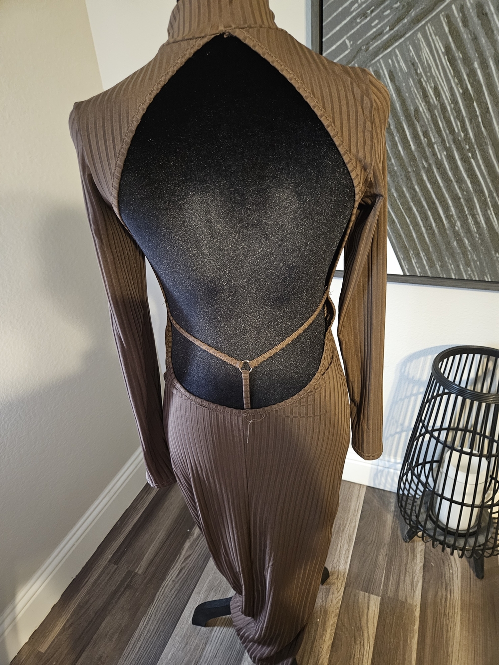 Brown Ribbed Open-Back Maxi Dress